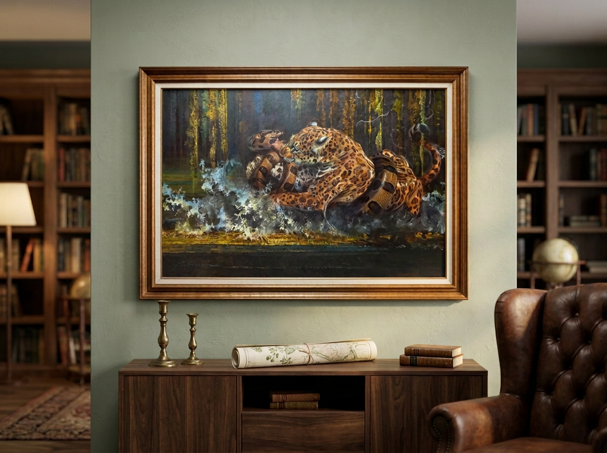 Serpent in the Shallows shown in a warm walnut frame above a low credenza in a traditional collector's library