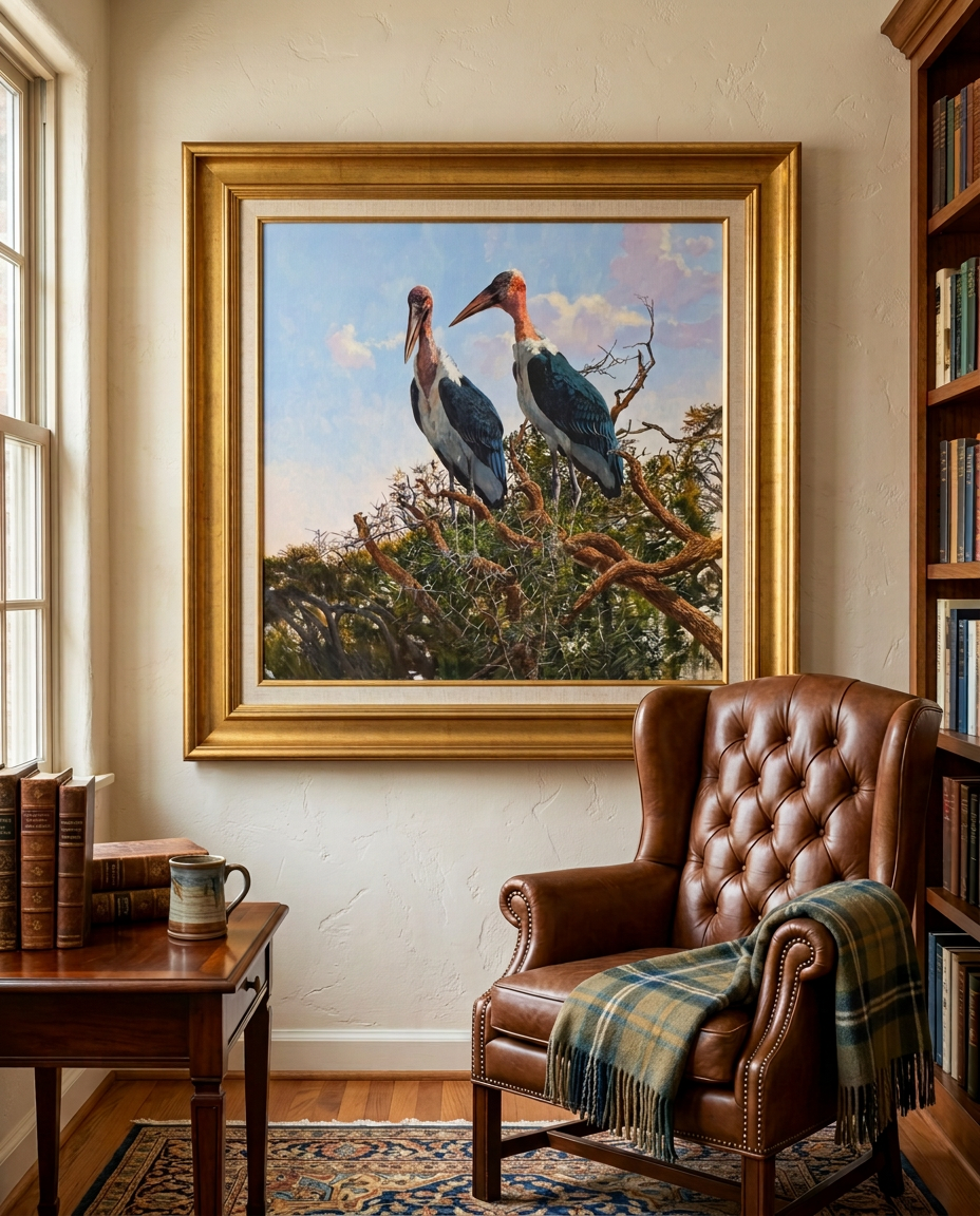 Marabou Sentinels shown in a traditional collector's study, framed in gilt gold above a leather wingback chair