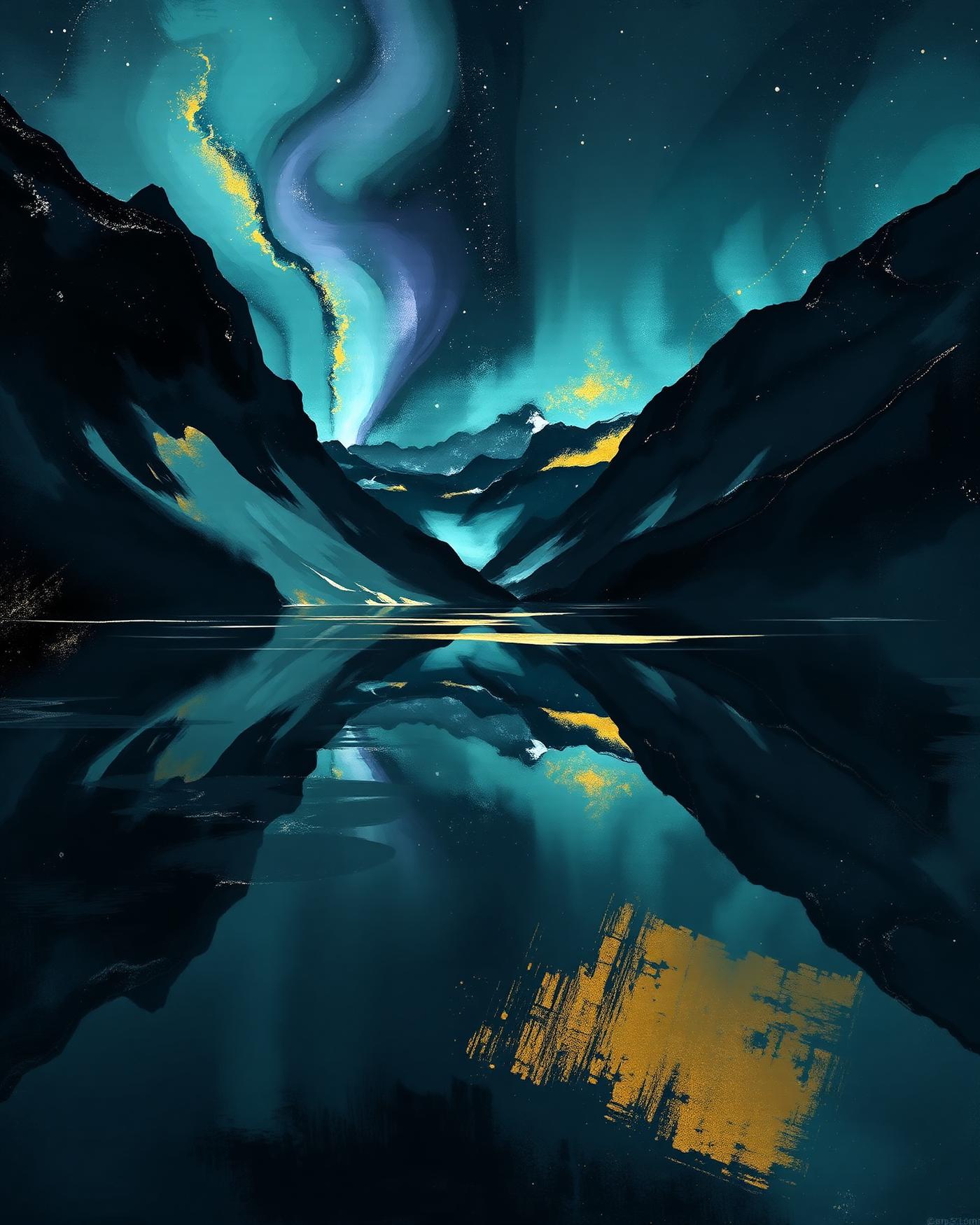 Aurora over an alpine lake, AI-inspired