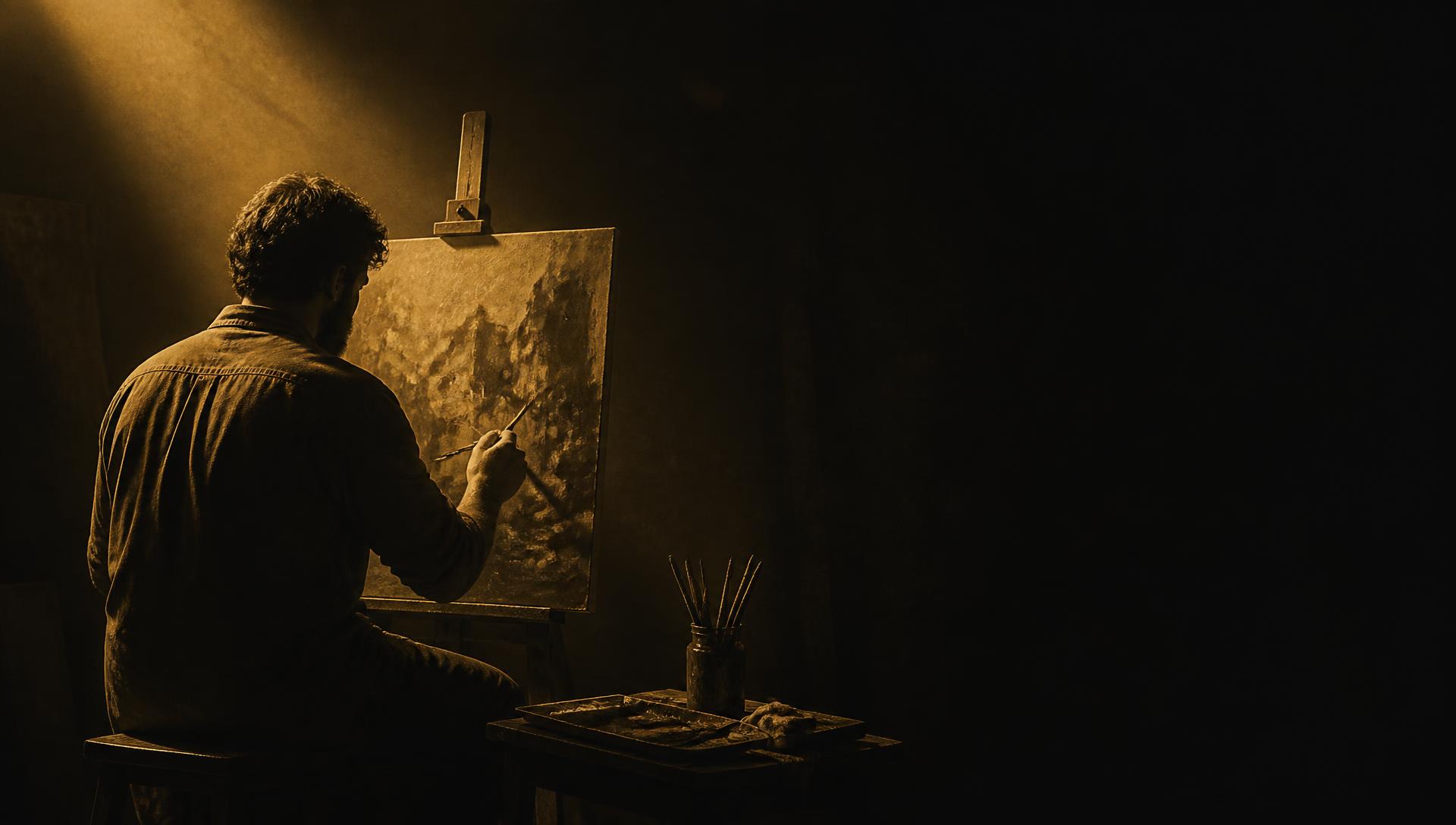 An artist painting at an easel in a dim studio lit by a shaft of warm light