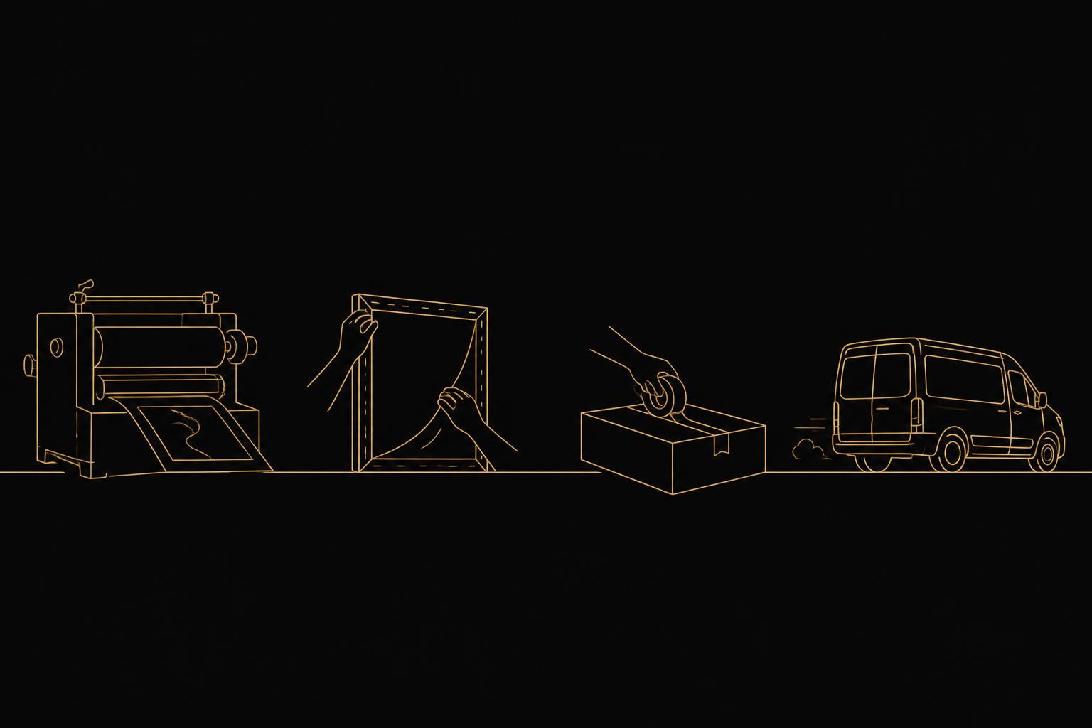 Gold line illustration of a press, a canvas being stretched, a box taped shut, and a delivery van