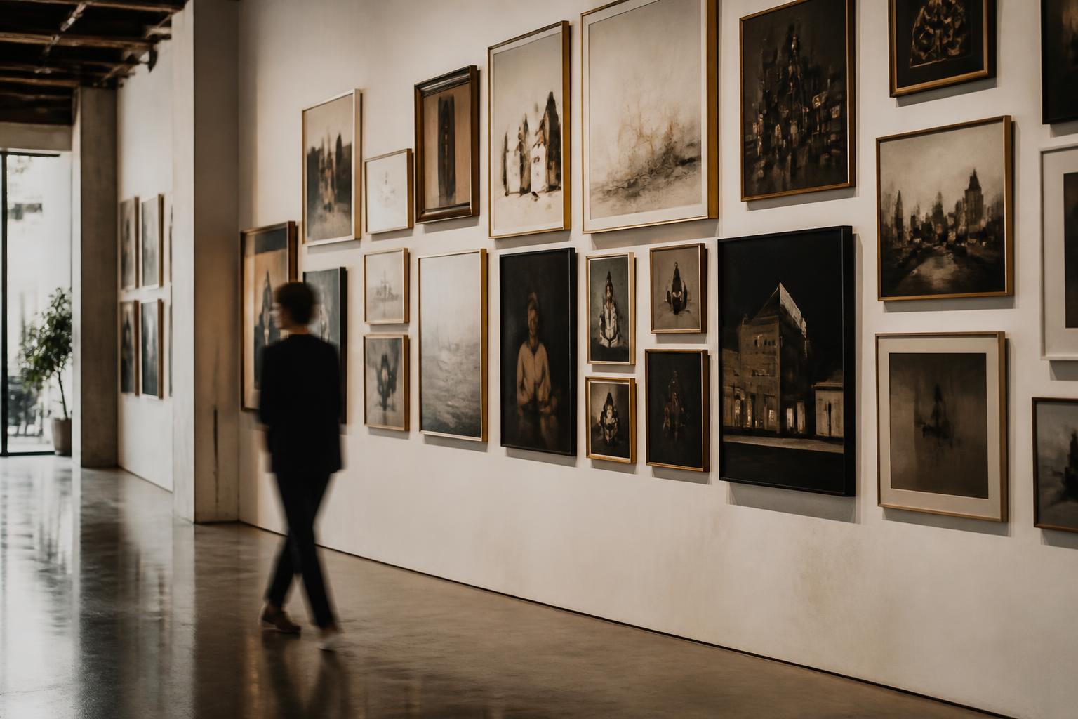 A long gallery wall hung salon-style with framed paintings, a visitor walking past