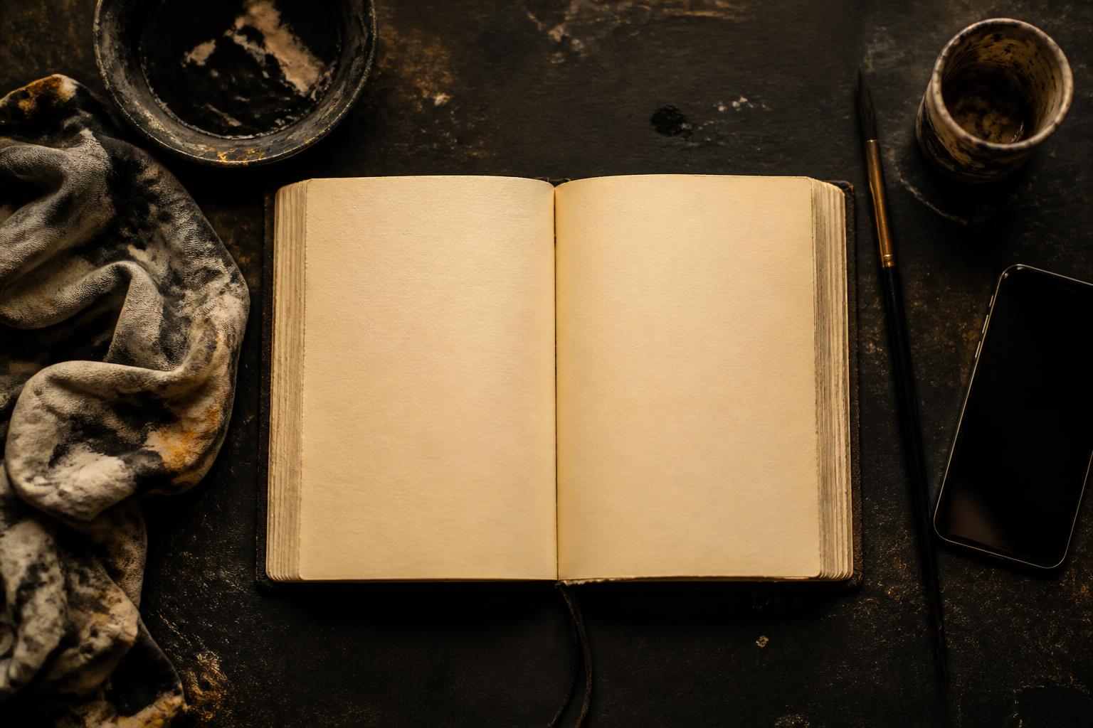 An open journal on a dark studio table beside a brush, paint rags and a phone